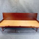 Jitona sobeslav sofa bed in walnut & boucle fabric, vintage czech 1960s