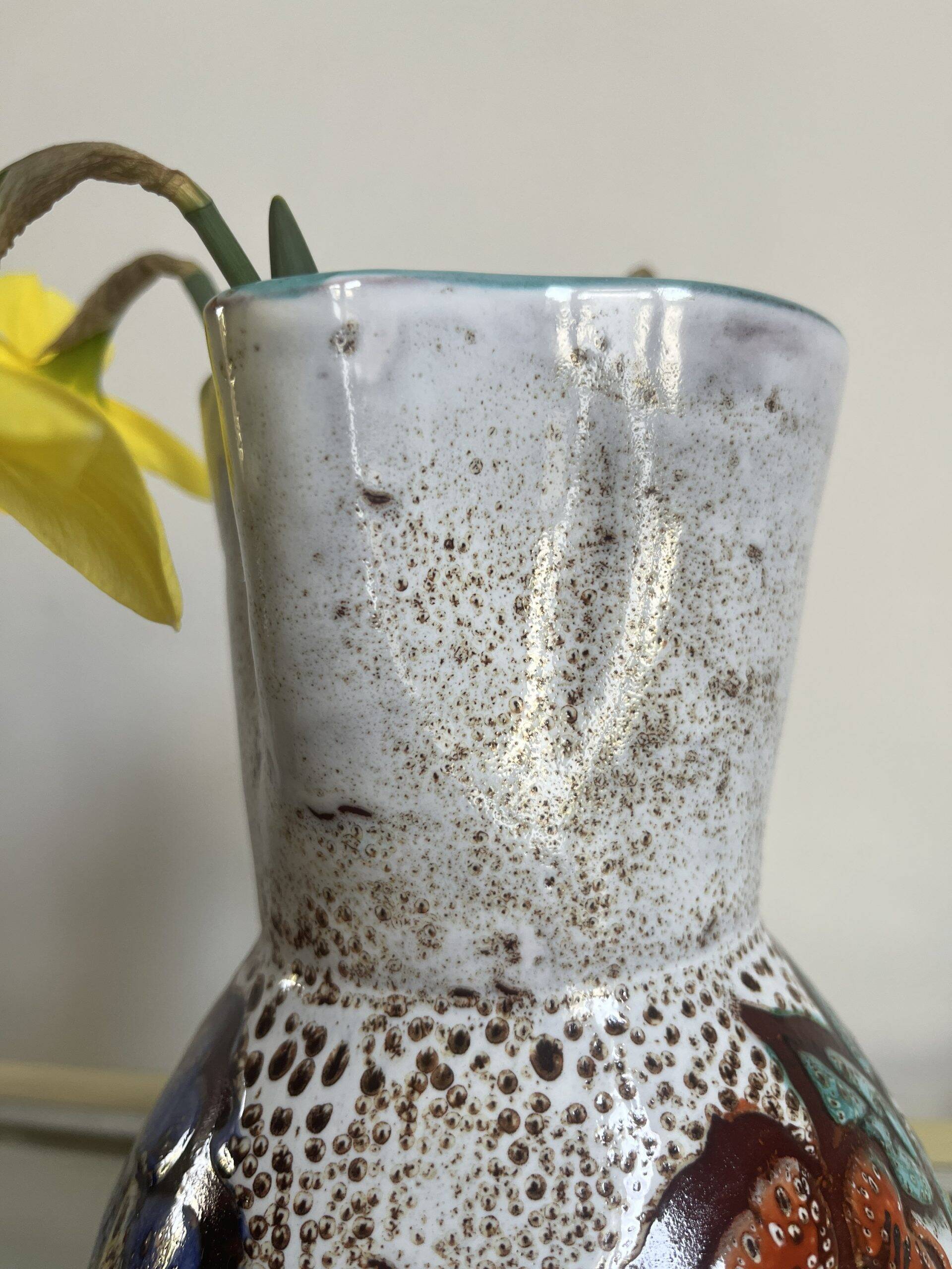 Flowery pitcher in vallauris enameled ceramic hand decorated