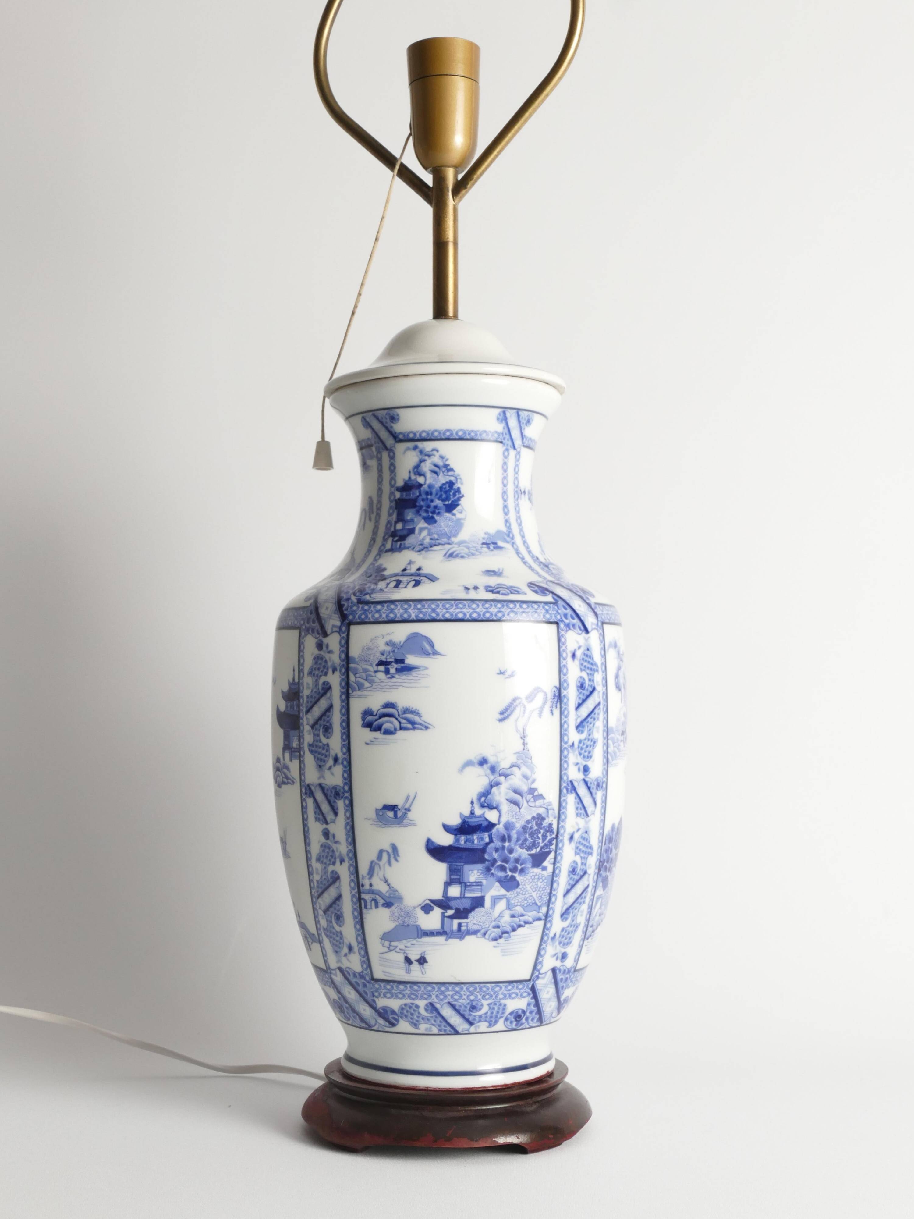 French Blue & White Willow Porcelain Table Lamp, by Louis Drimmer, Limoges