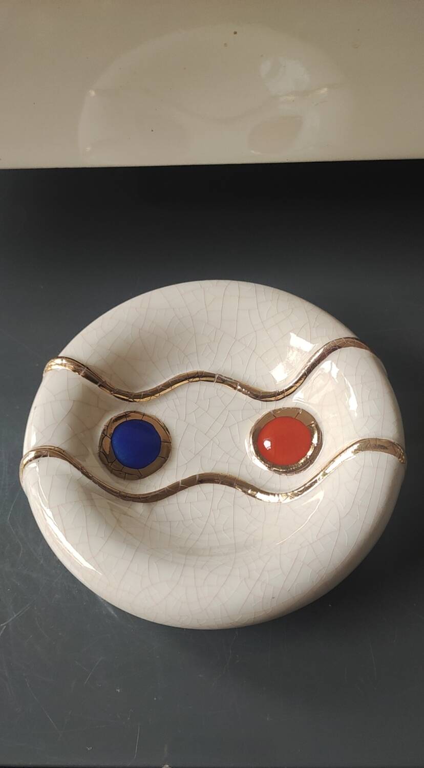 Round beige ashtray in crackled earthenware from Longwy/signed