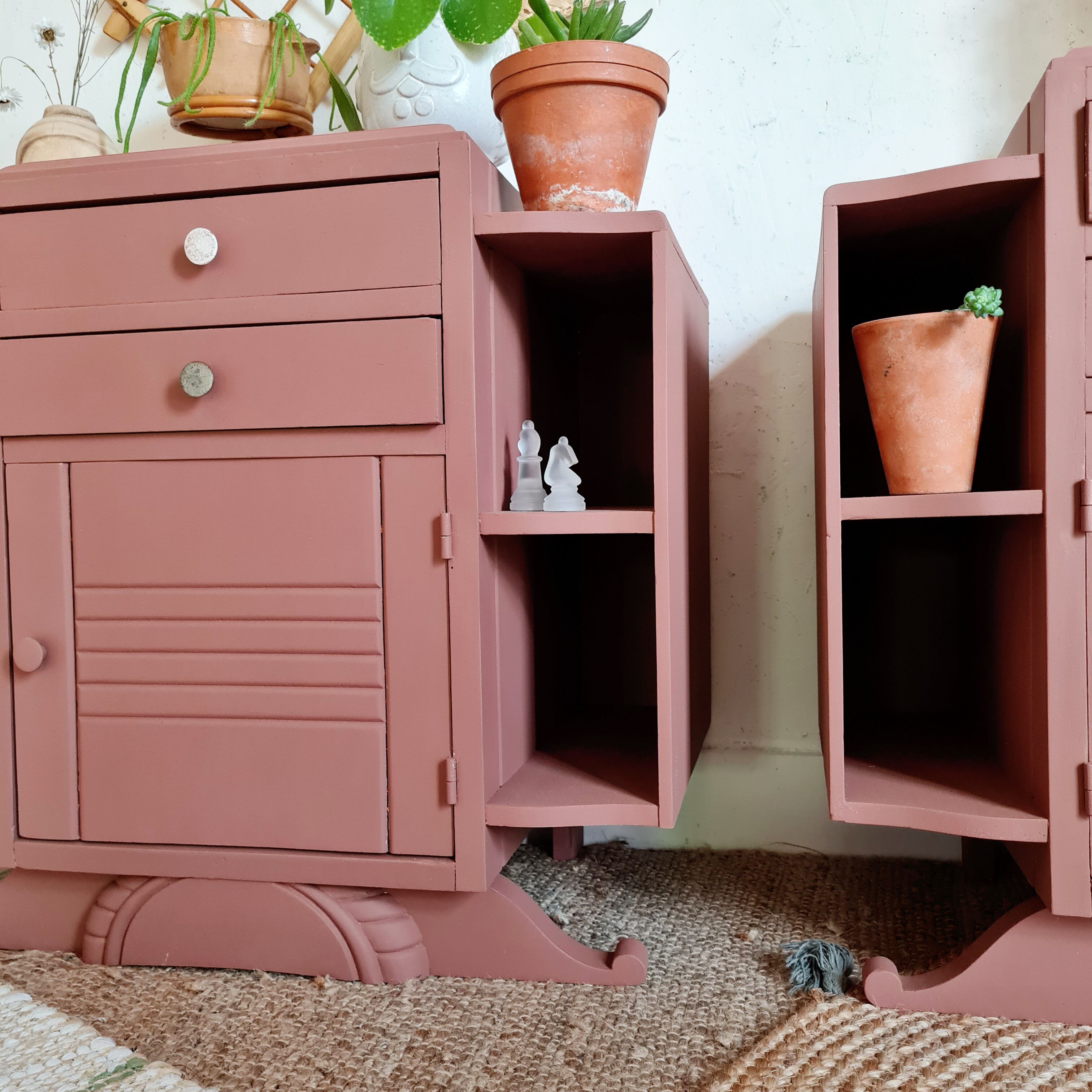Pair of art deco bedside tables renovated Red ochre