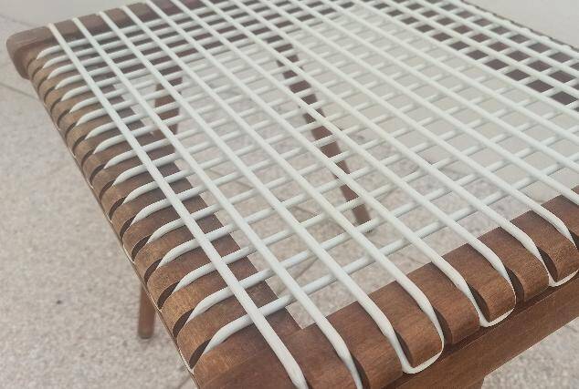 Footrest Georges Tigien, from the 60s. Light teak structure