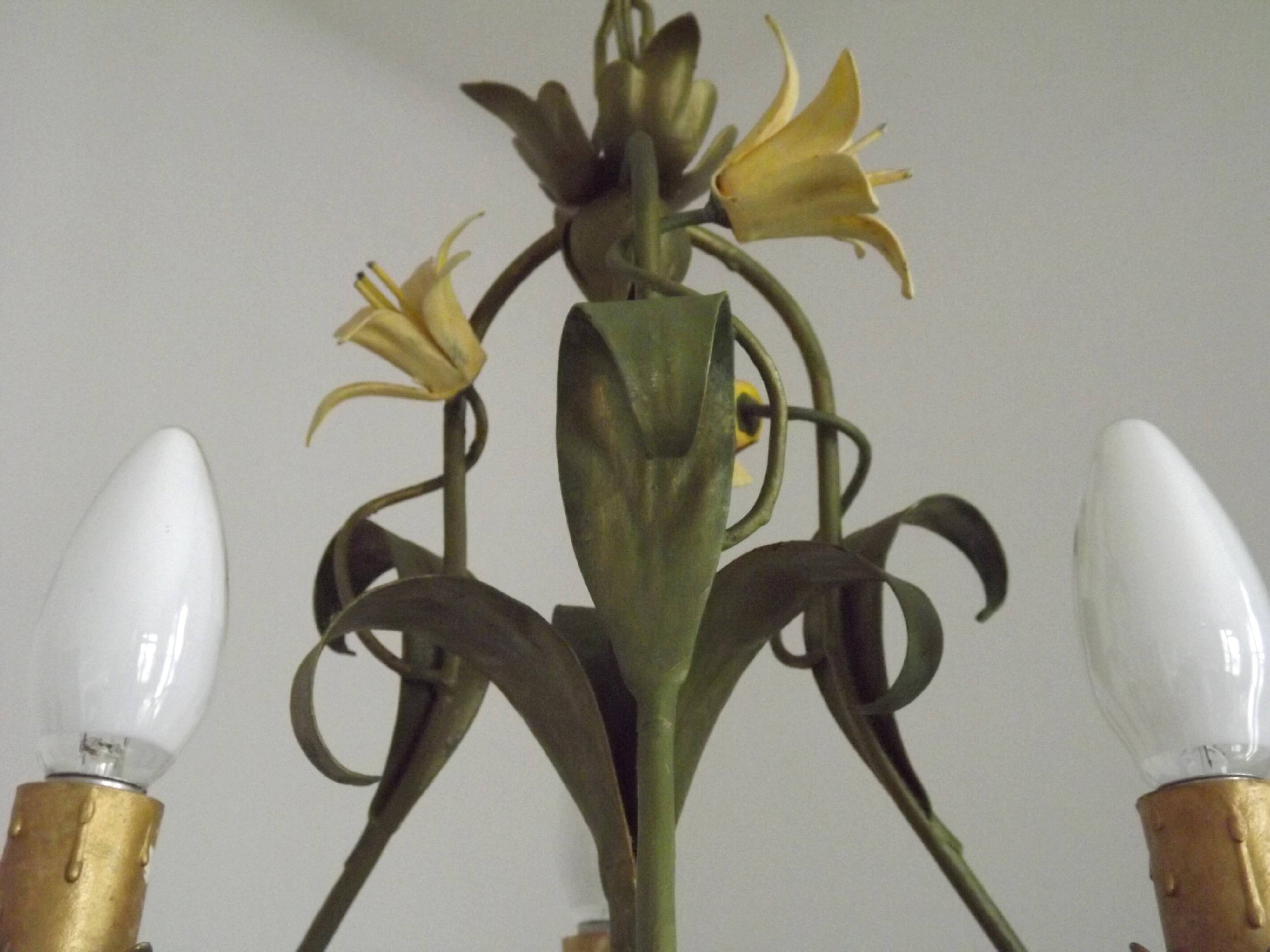 French Vintage 3 Light Cage Chandelier Hand Painted Floral Design