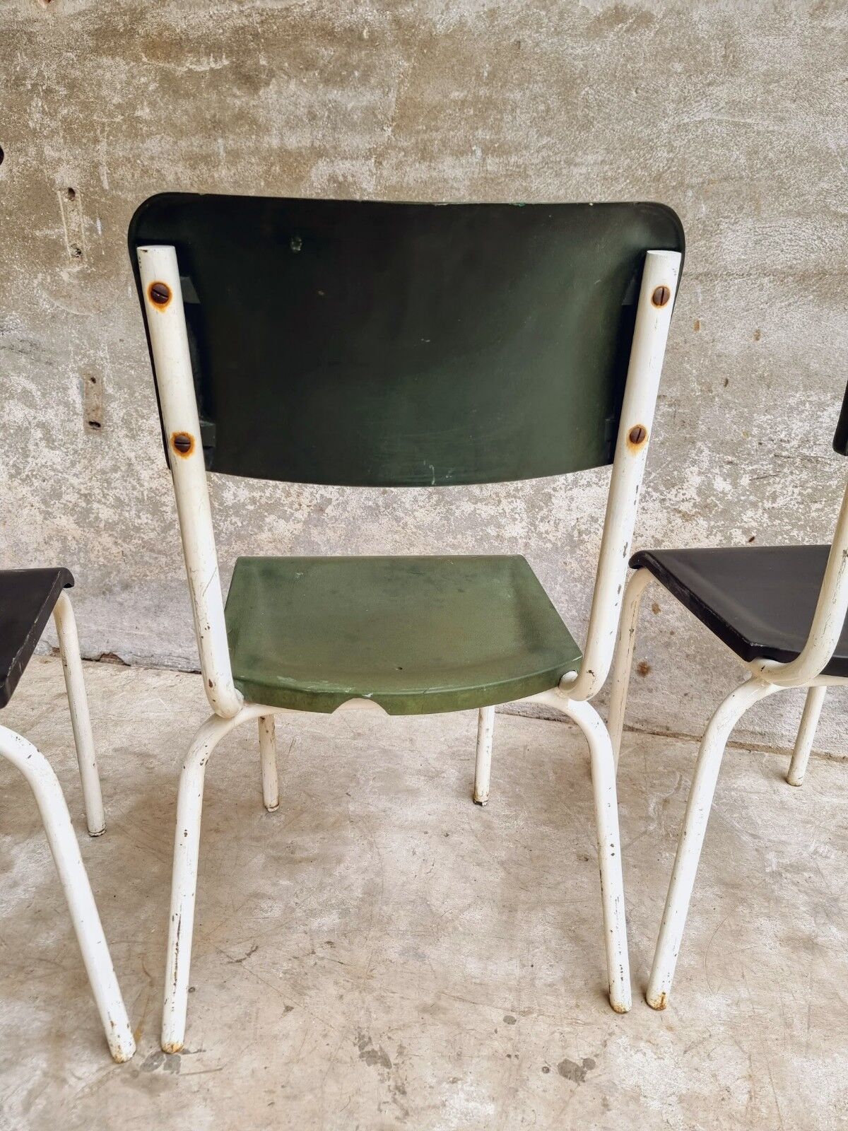 Set of vintage chairs stacking chairs green bakelite