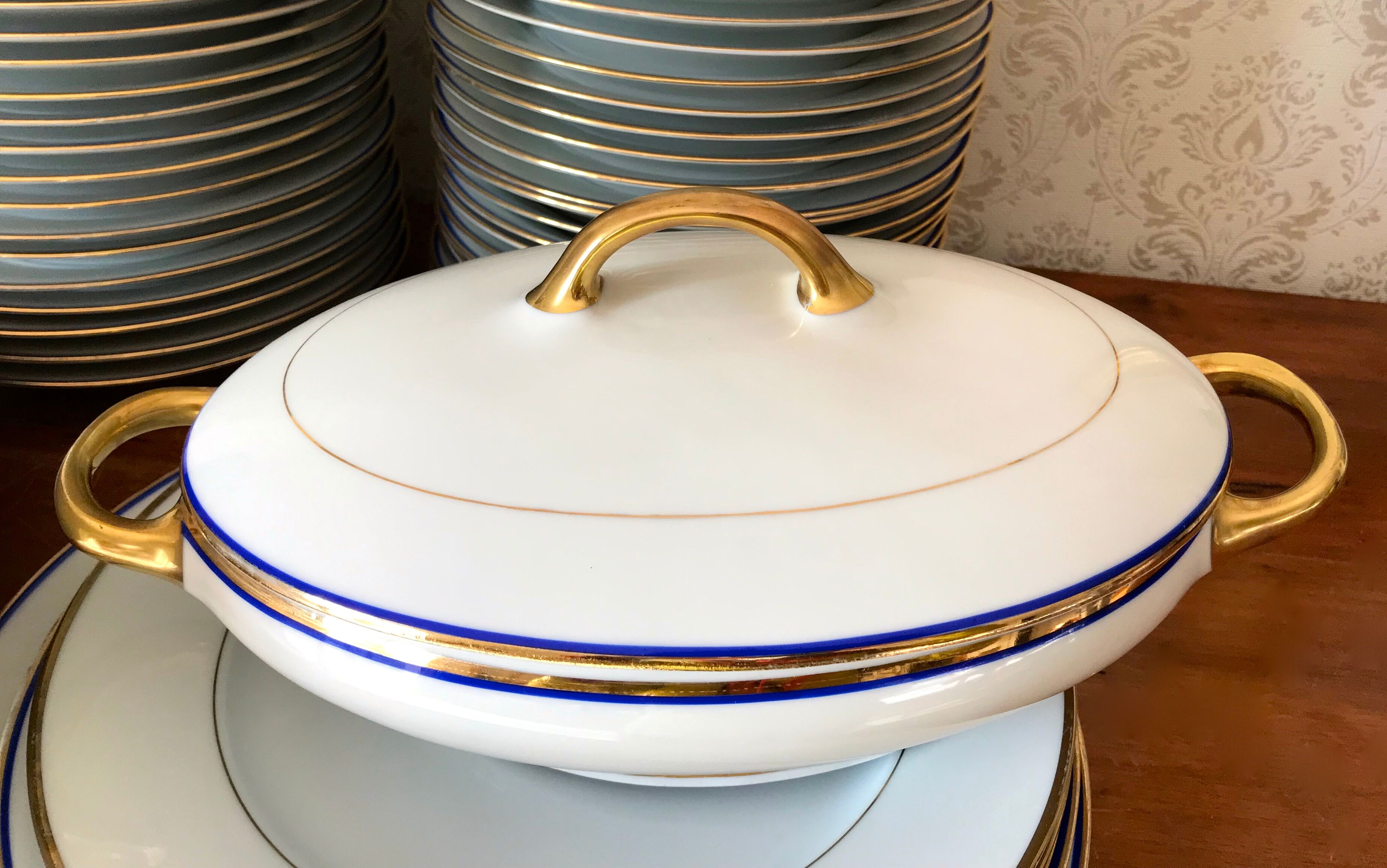 table service art deco limoges porcelain white border blue and gold 61 pieces signed