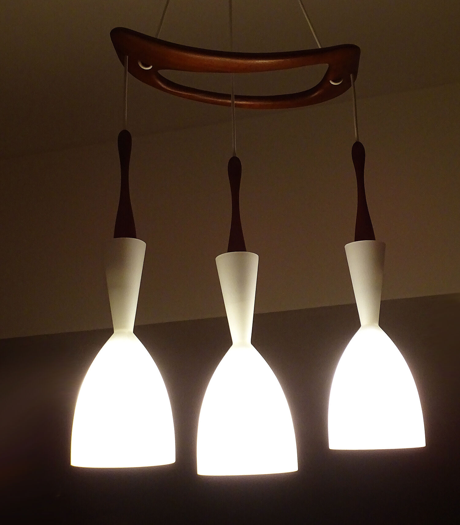 Scandinavian pendant lamp vintage, teak and opaline glasses, 50s