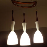 Scandinavian pendant lamp vintage, teak and opaline glasses, 50s