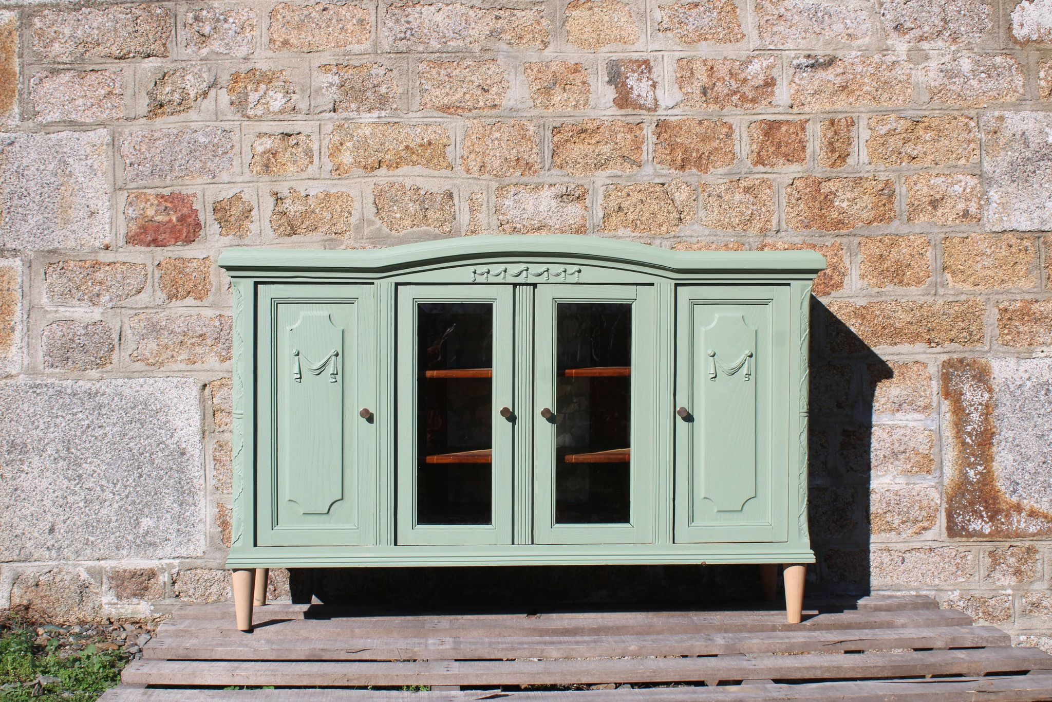Renovated vintage sage green enfilade – wooden legs & bevelled display cabinets