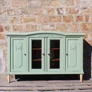 Renovated vintage sage green enfilade – wooden legs & bevelled display cabinets