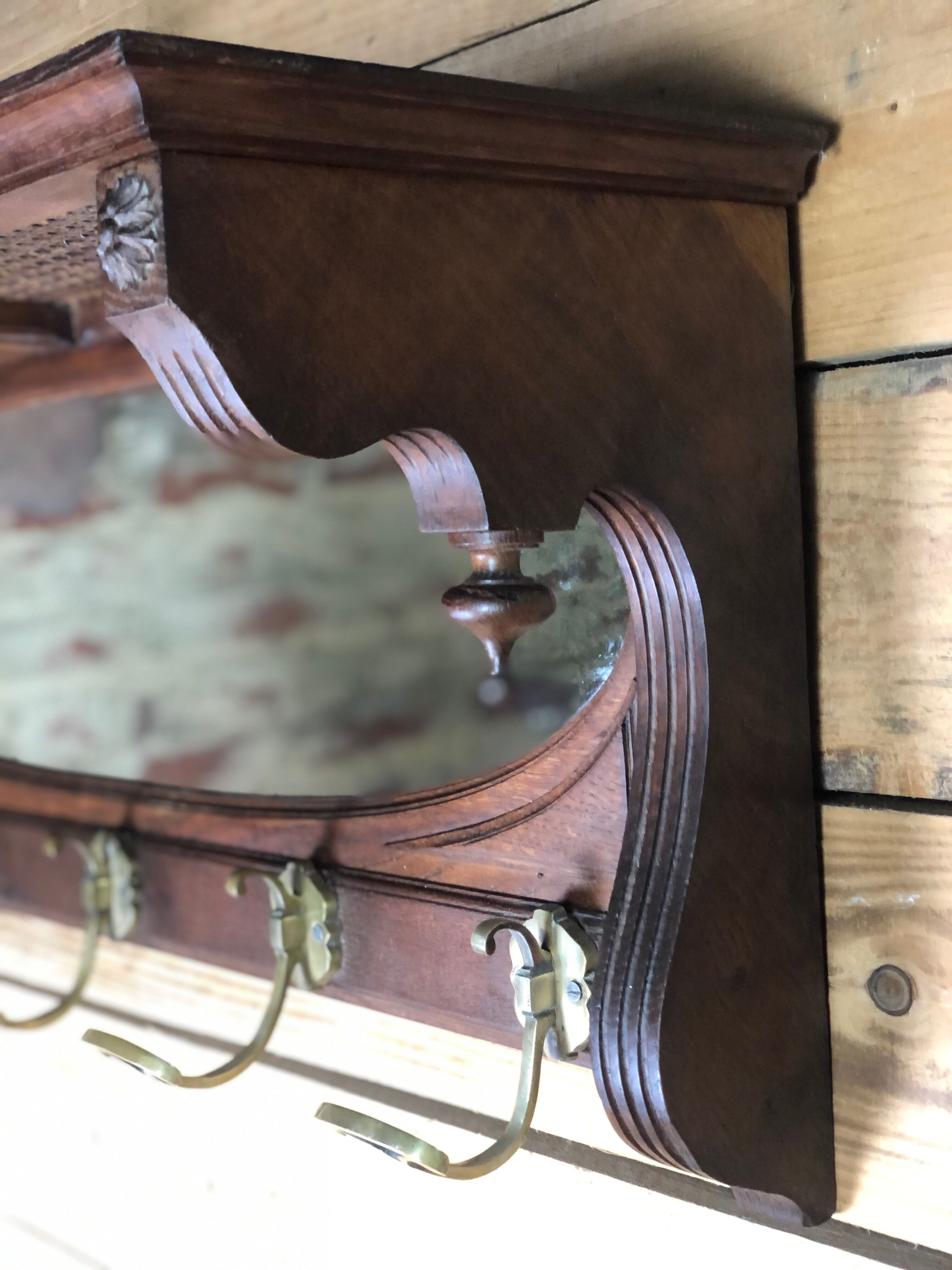 Walnut coat / towel holder 5 brass hooks 1900
