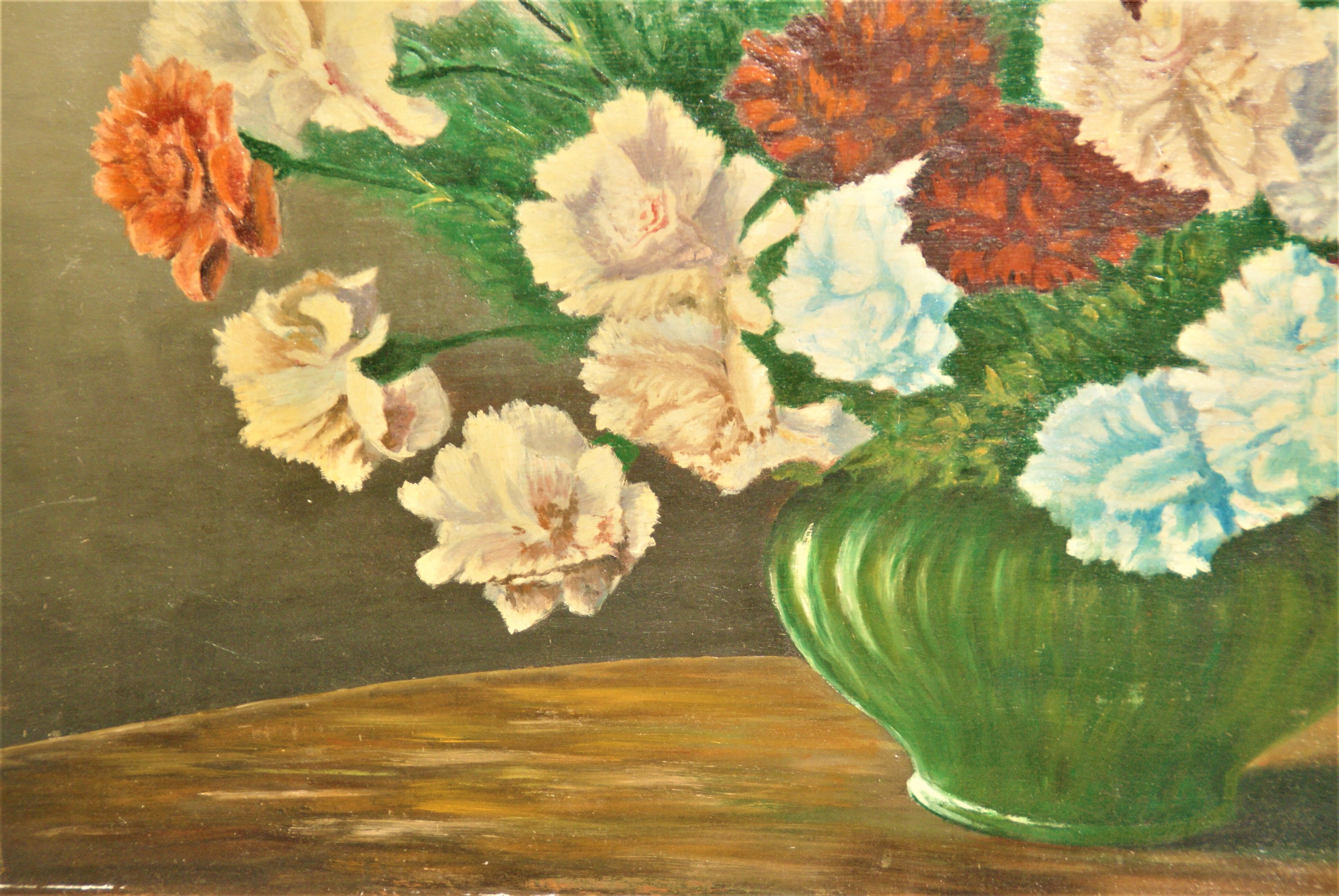 Oil on panel bouquet of carnations signed