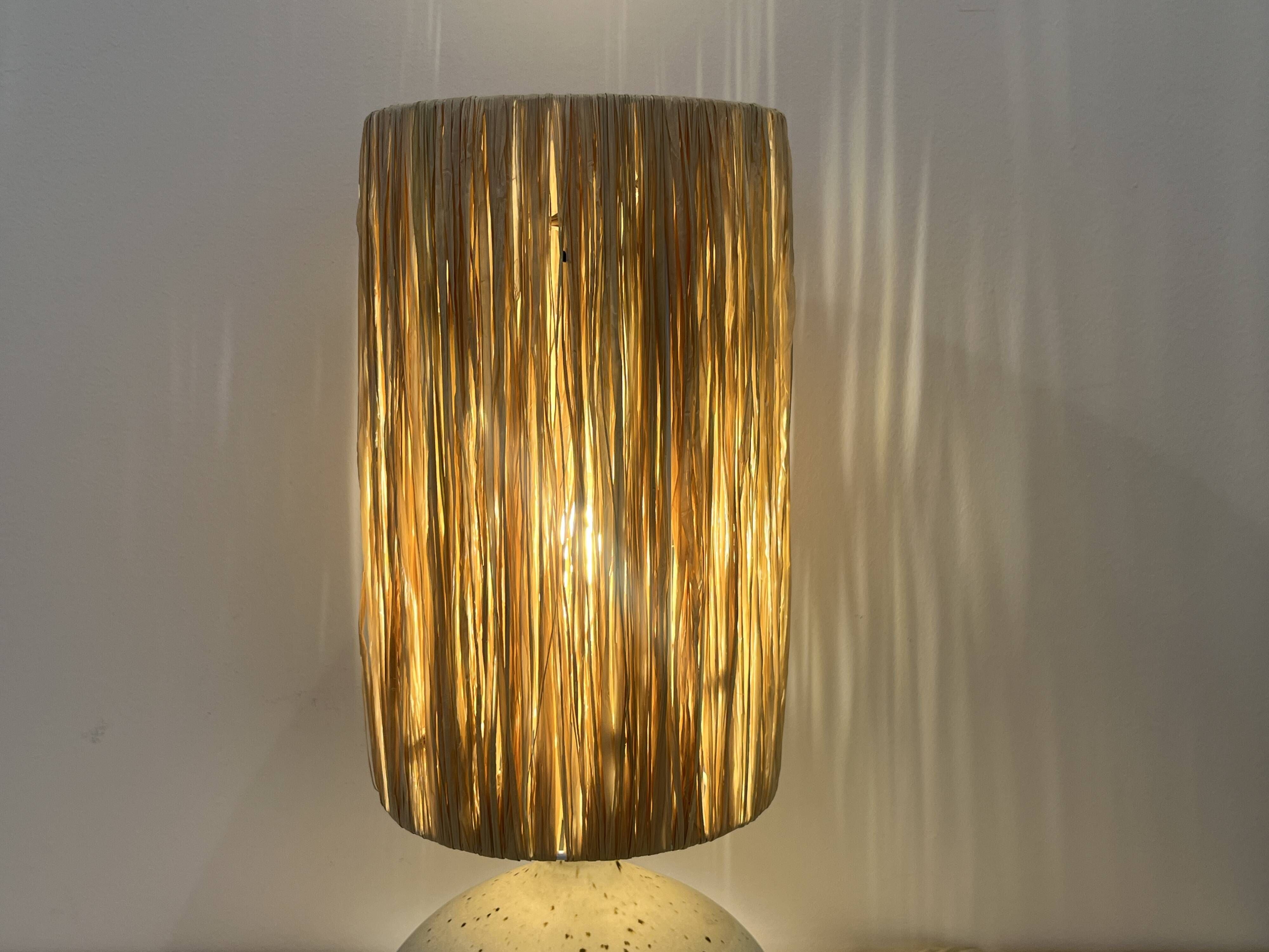 Vintage lamp base in beige-grey ceramic stoneware with raffia lampshade, 1970s
