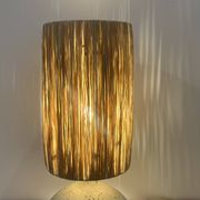 Pied de Lampe vintage en grès céramique beige gris abat-jour en raphia 1970