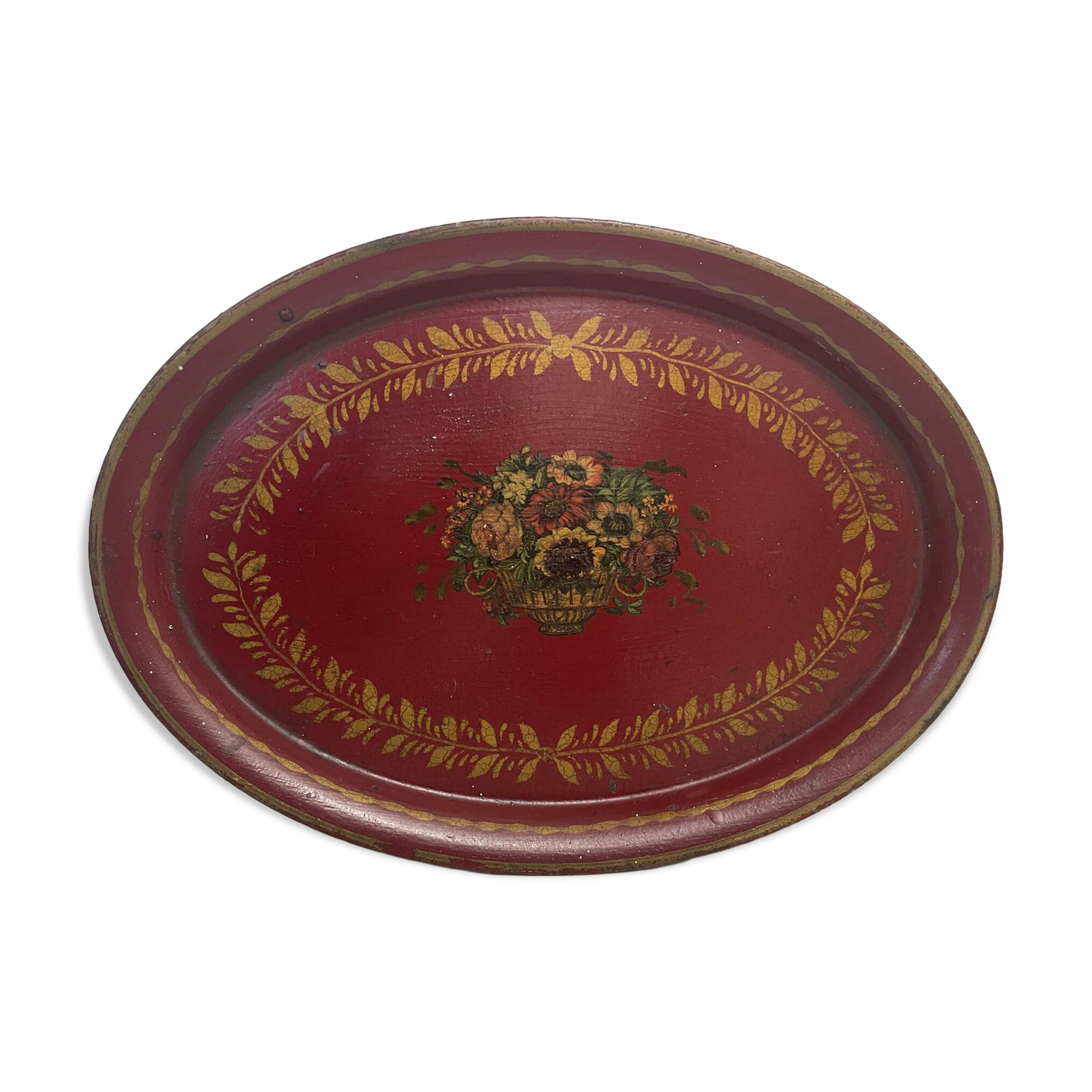 Old oval plate in painted red tin - floral decoration - early 20th century -