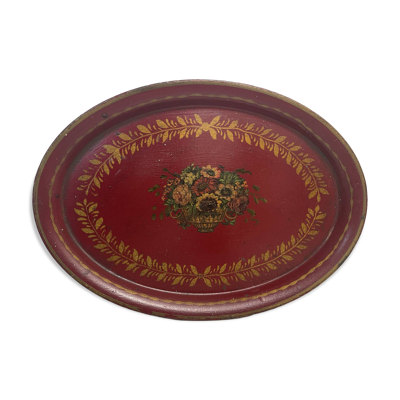 Plateau ovale ancien en tôle peinte rouge - décor floral - début XXe -