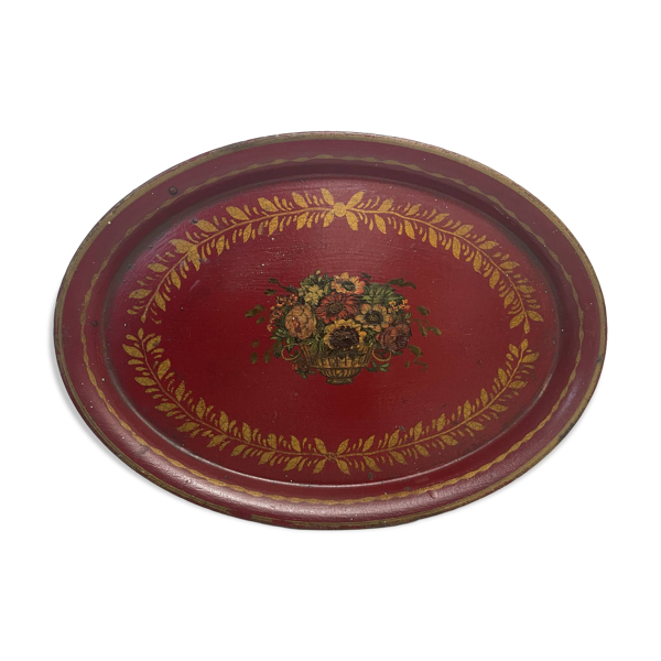 Plateau ovale ancien en tôle peinte rouge - décor floral - début XXe -