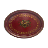 Old oval plate in painted red tin - floral decoration - early 20th century -
