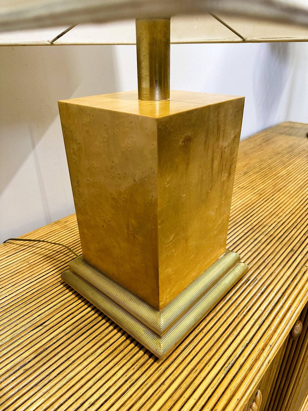 Vintage burlwood rectangular table lamp, France 1980s