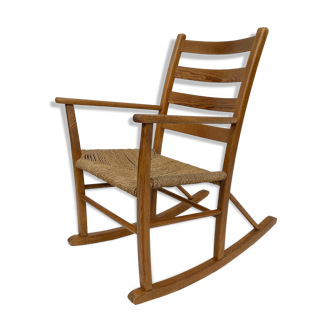 Mid century pine & sisal rocking chair, 1950s