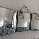 Vintage 1930s triptych barber mirror in brown shagreen - 30 x 77 cm