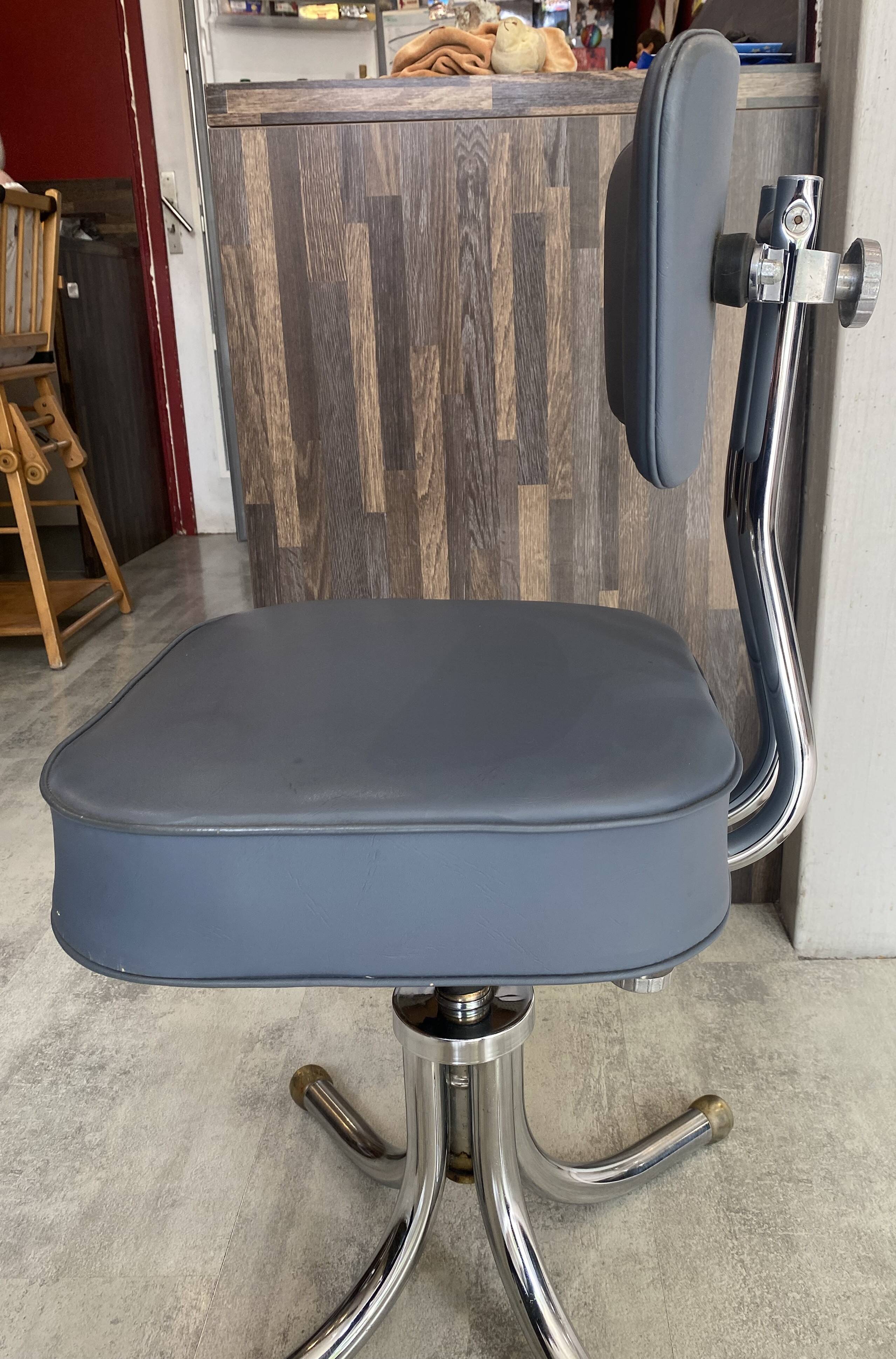 Swivel office chair in Roneo style, grey faux leather with vintage chrome.