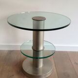 Guéridon en métal brossé et dalles de verre
