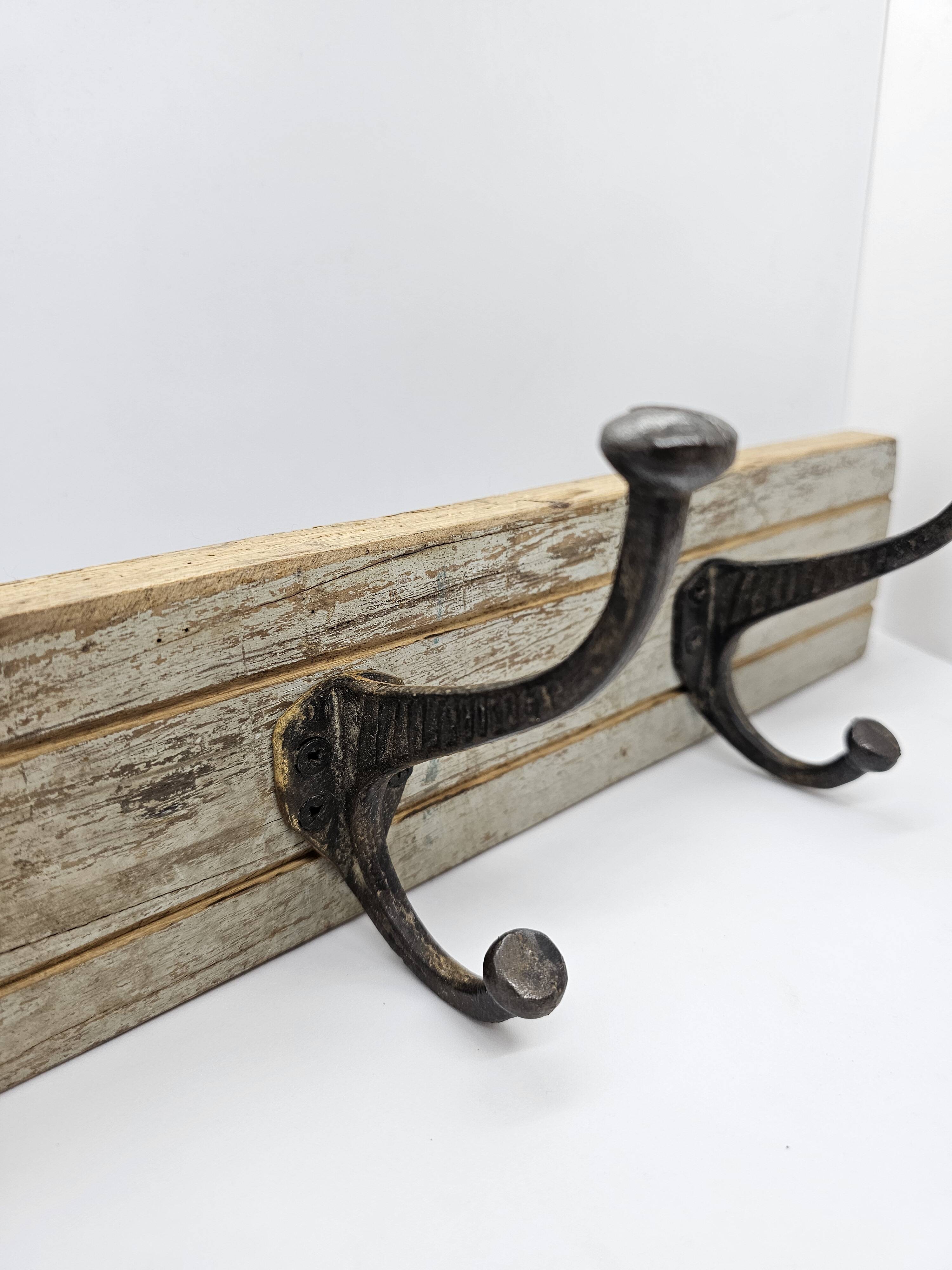 Solid teak coat hook with 2 double cast iron hooks