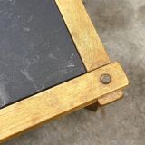 Vintage Pair of oak and slate brutalist end or coffee tables, France 1970s.