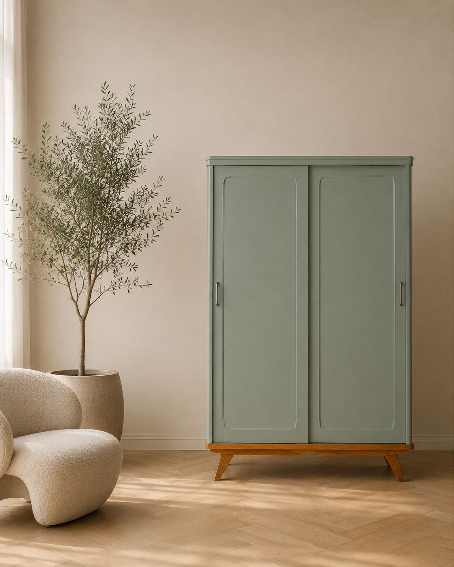 Armoire parisienne penderie 1960 vert grisé rénovée 