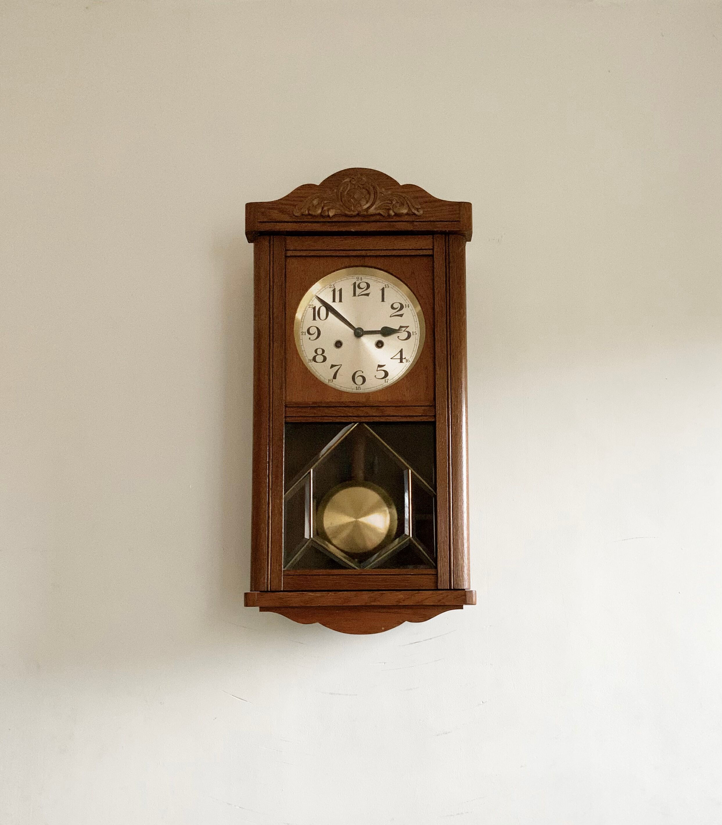 Antique art deco original f.m.s. Mauthe oak wall clock, Germany 1930s