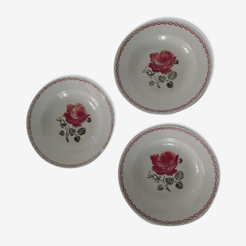 3 assiettes décor germaine fleurs roses Badonviller faïence ancienne