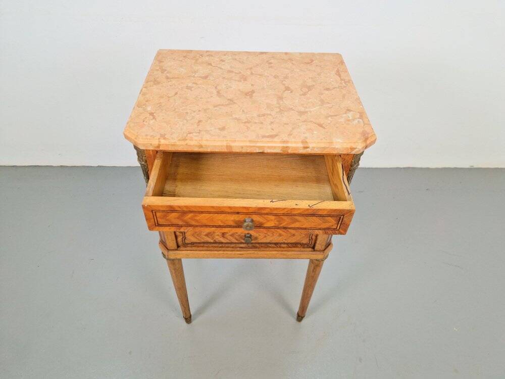 Vintage French Bedside Table with Marble Top and Brass Ornaments, 1920s