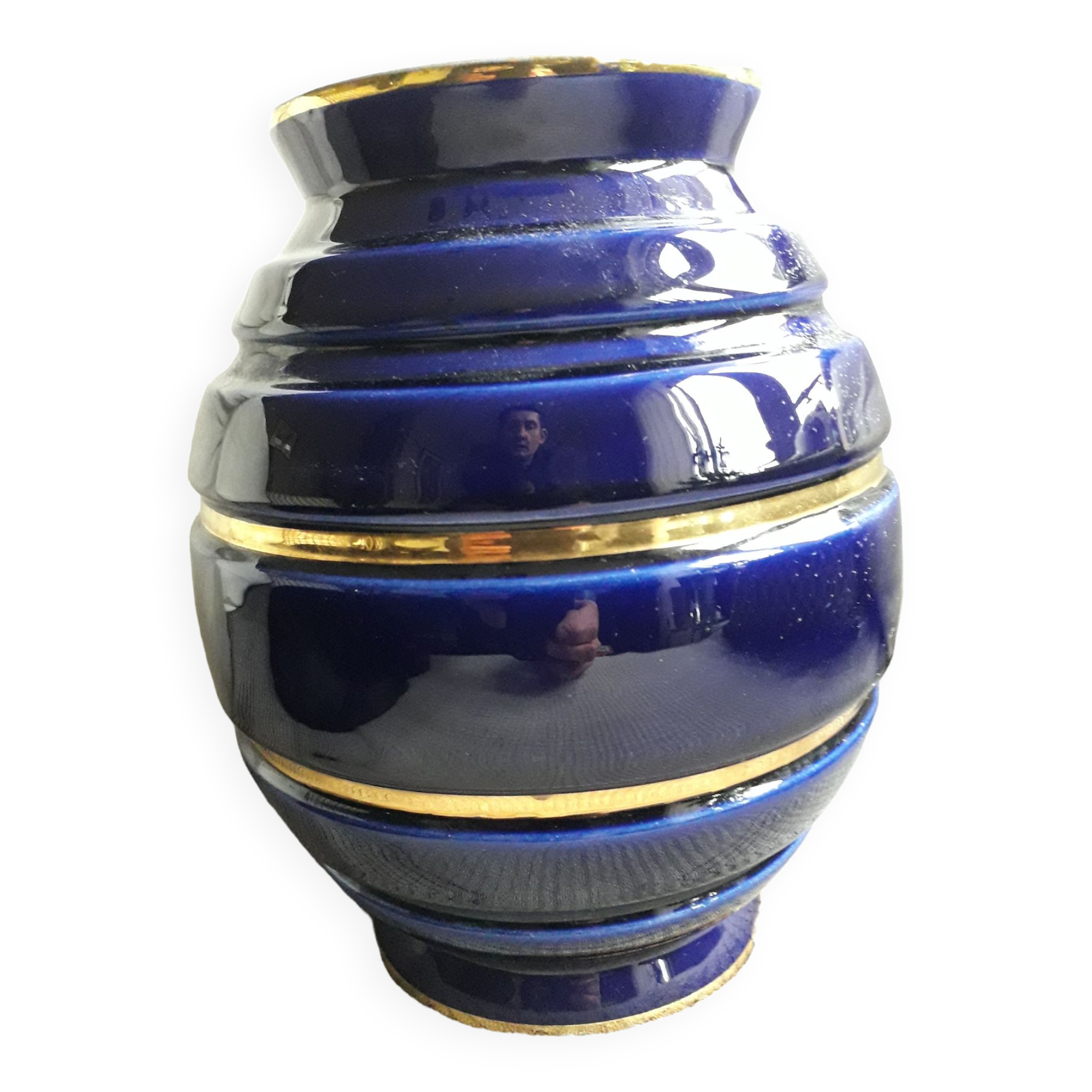 Large vintage ceramic vase in rounded blue and gold shape