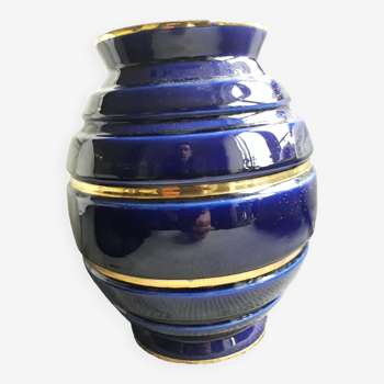 Large vintage ceramic vase in rounded blue and gold shape
