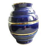 Grand vase vintage en céramique de forme arrondie bleu et or
