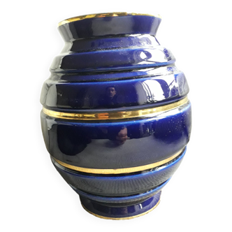 Large vintage ceramic vase in rounded blue and gold shape