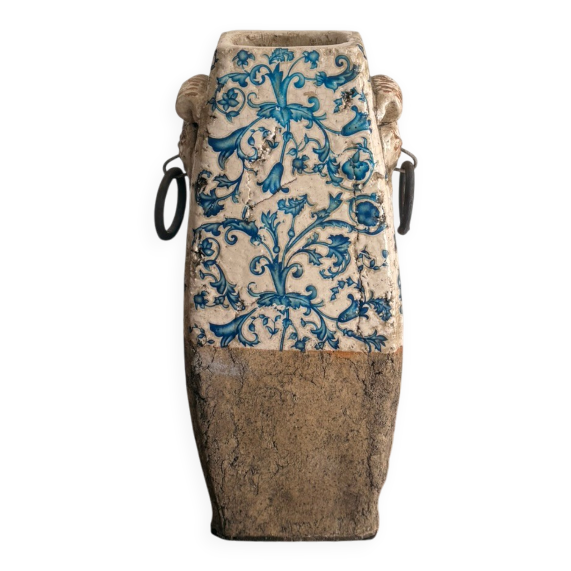 Terracotta Vase with Stanniferous Glaze, Large Fire Decoration, Lion Handle, Late 19th Century
