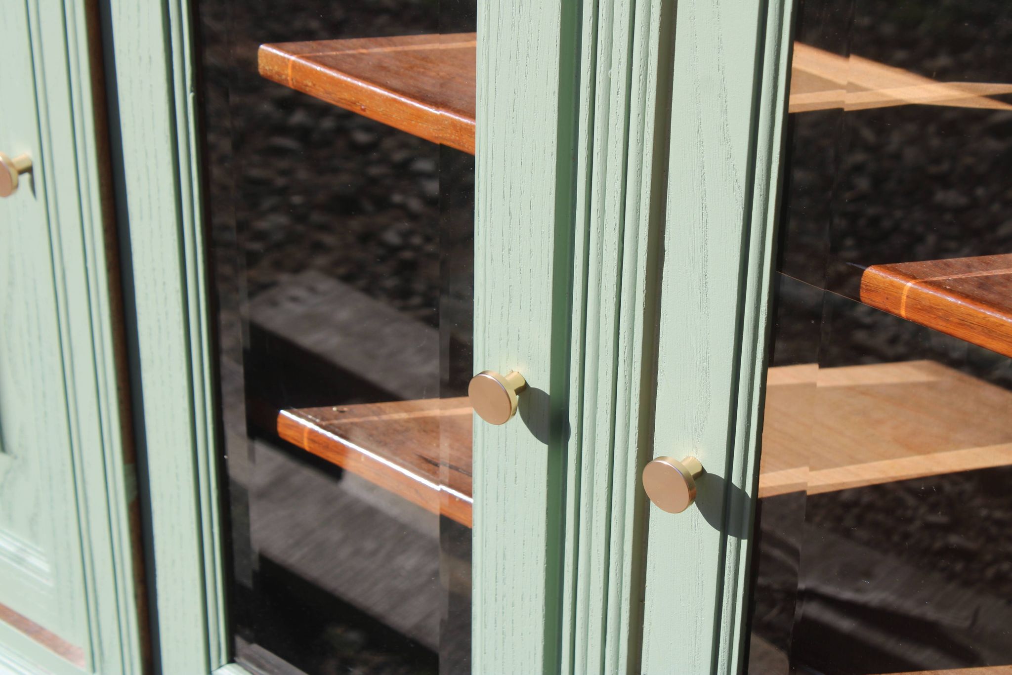 Renovated vintage sage green enfilade – wooden legs & bevelled display cabinets