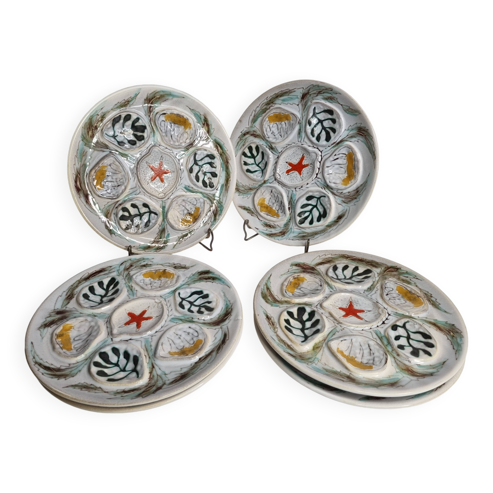 Set of 6 Pornic oyster plates, "PENEREF" model, hand painted, 25 cm
