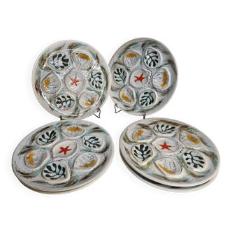 Set of 6 Pornic oyster plates, "PENEREF" model, hand painted, 25 cm