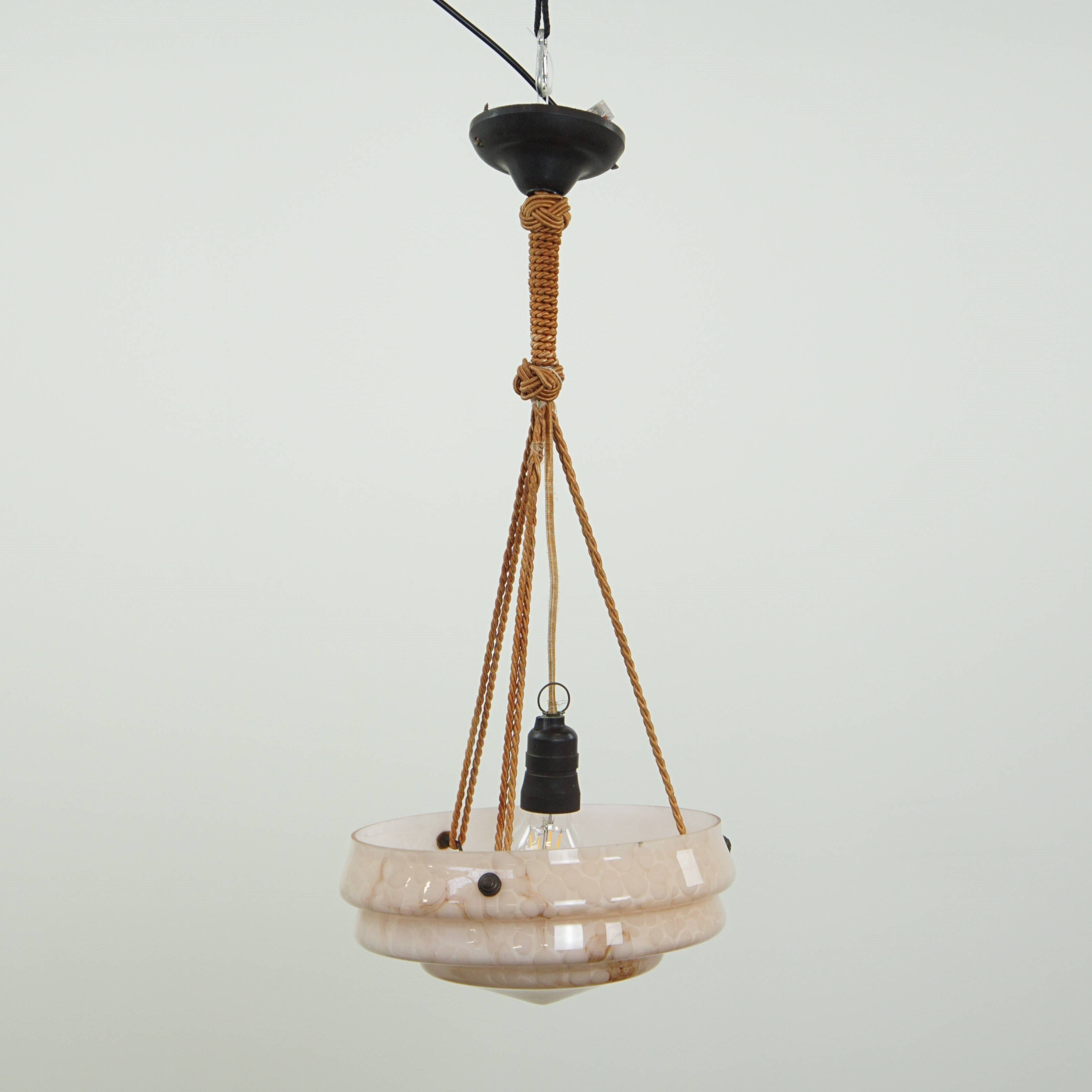 Vintage soft pink marbled glass Art Deco design pendant lamp