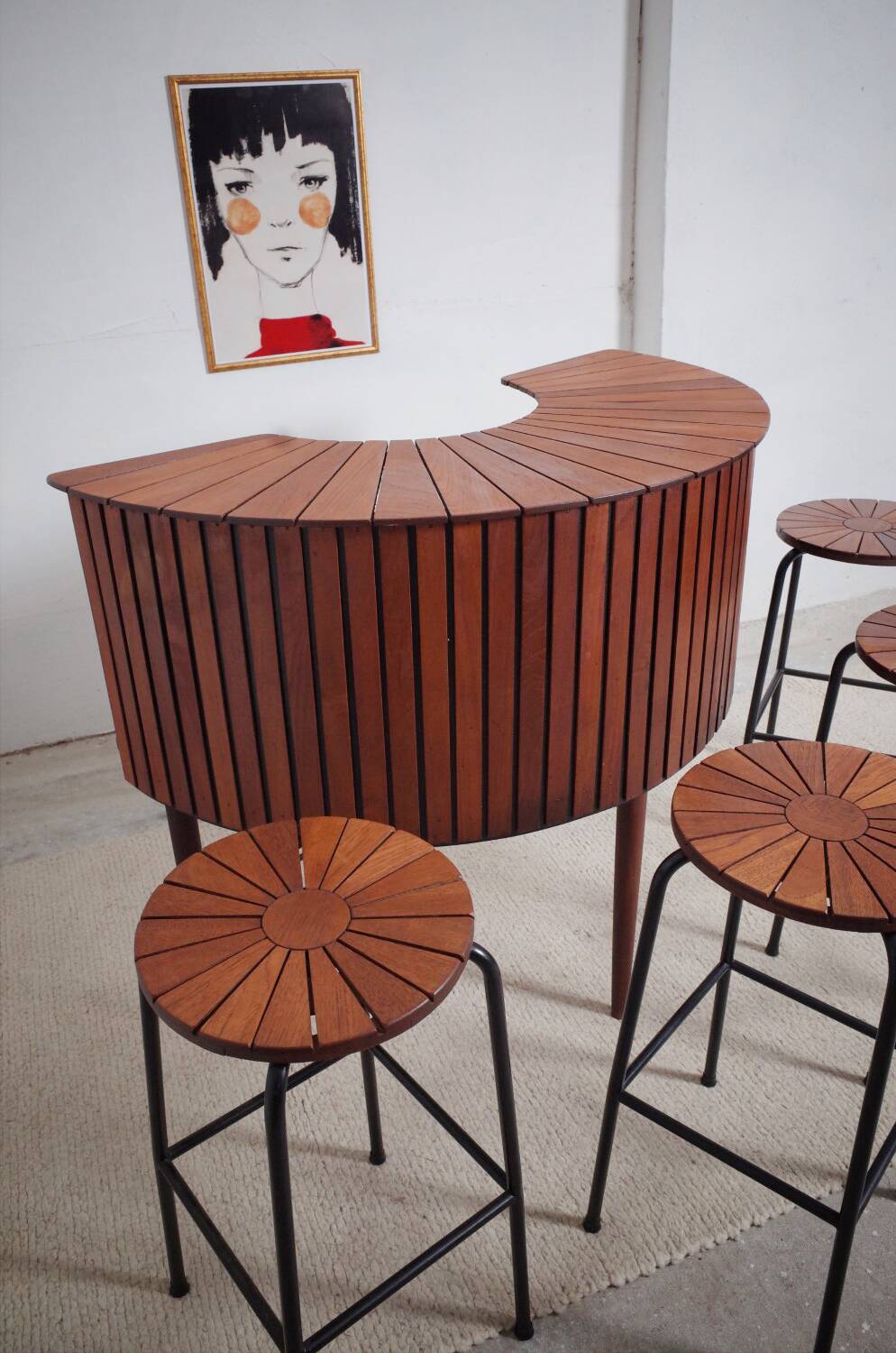 Sika Møbler vintage Bar mit 4 Barhocker aus Teak
