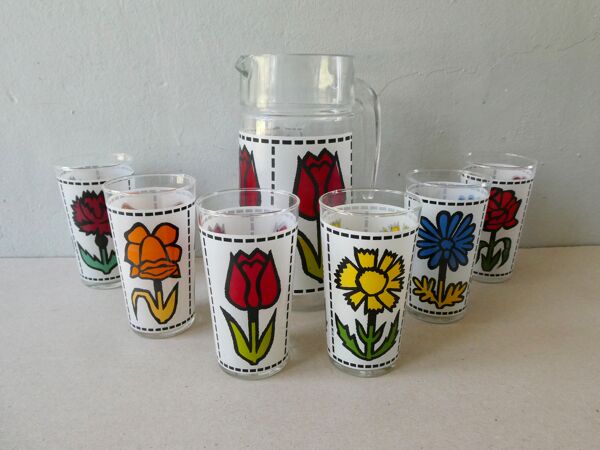Service à orangeade, 1 carafe et ses 6 verres, décor fleurs, France