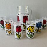 Orangeade service, 1 carafe and its 6 glasses, decoration flowers, France