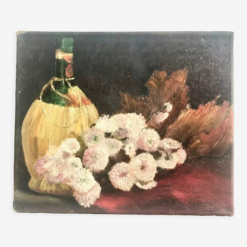 Huile sur toile représentant une nature morte de fleurs