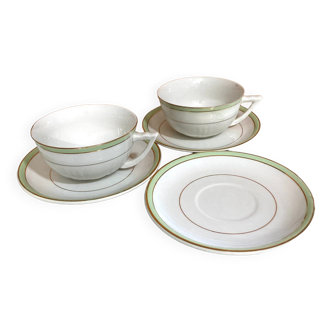 Head to head tea or lunch cups Moulin des Loups Villars model with green and gold edging