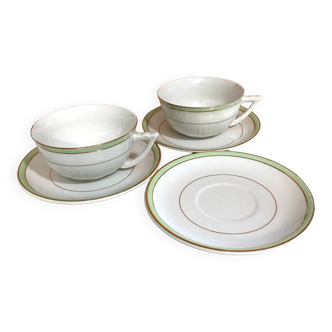 Head to head tea cups or lunch Moulin des Loups model Villars green and gold edging