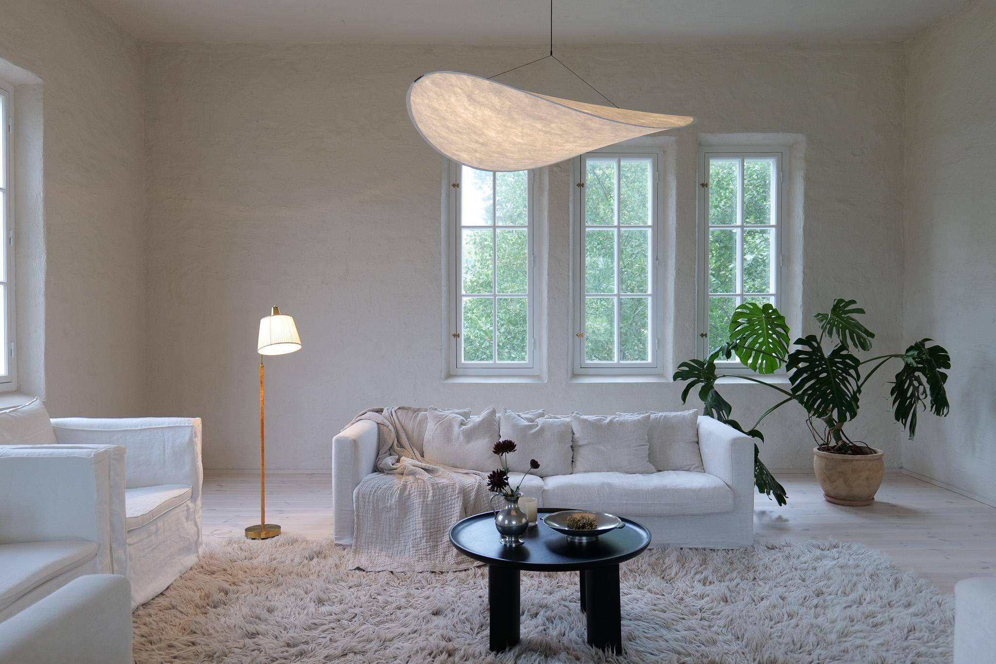 Mid-century brown leather and brass floor lamp, Falkenbergs Belysning, Sweden, 1960s.