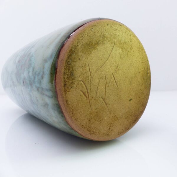 Vase bouteille en grès émaillé vert à reflets cuivrés 1960-1970