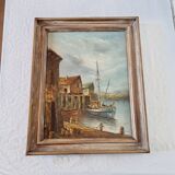 Peinture sur toile peinte à l'huile originale signée scènes de bateaux et de port du début du 20ème
